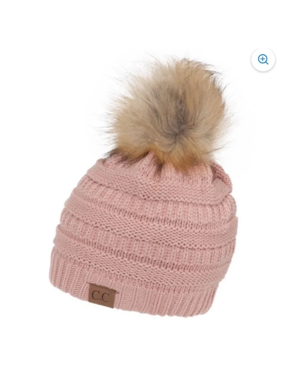C.C Blush Knit Beanie with Faux Fur Pom Indie pink hat light pink chunky